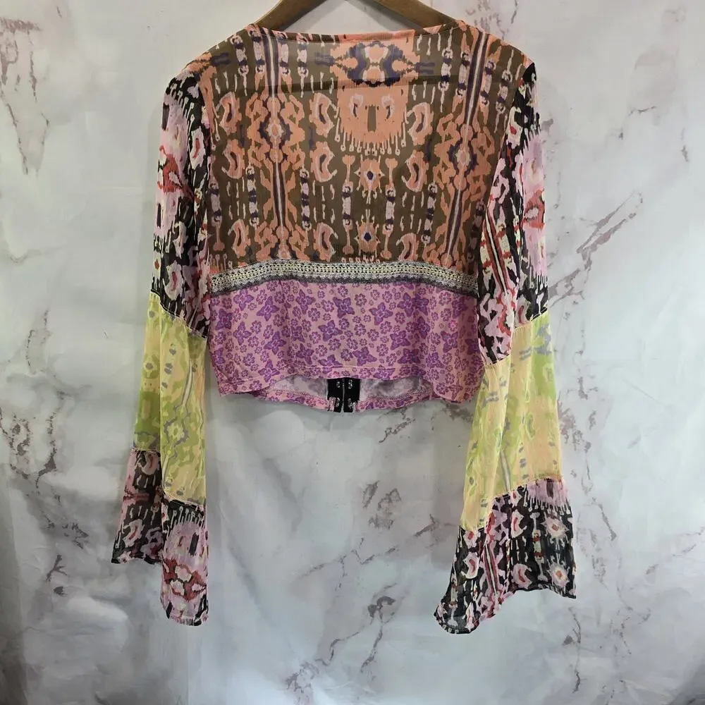Free People Shirt Womens Large Pink Walk That Patchwork Wide Bell Blouse Crop